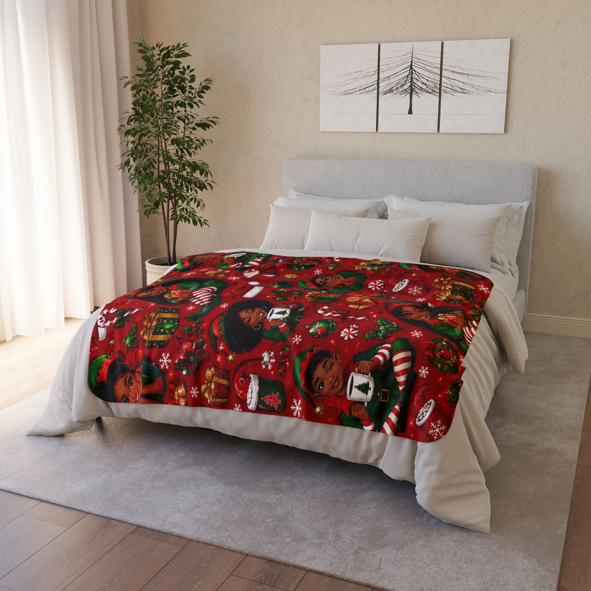 Fleece Sherpa Blanket – Black Santa Christmas Holiday Cozy Throw