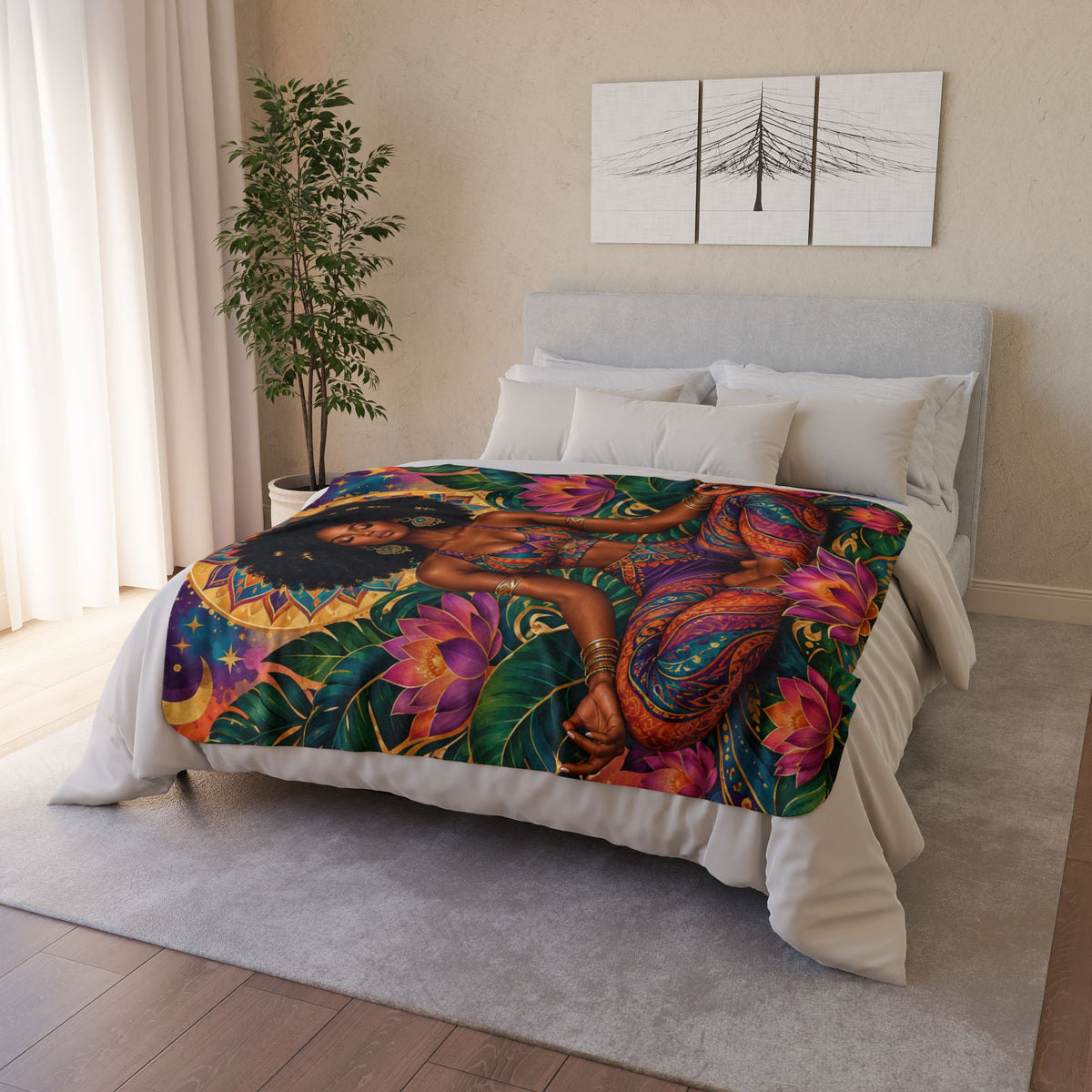 Meditation Goddess Sherpa Blanket — Afrocentric Lotus Yoga Fleece Throw