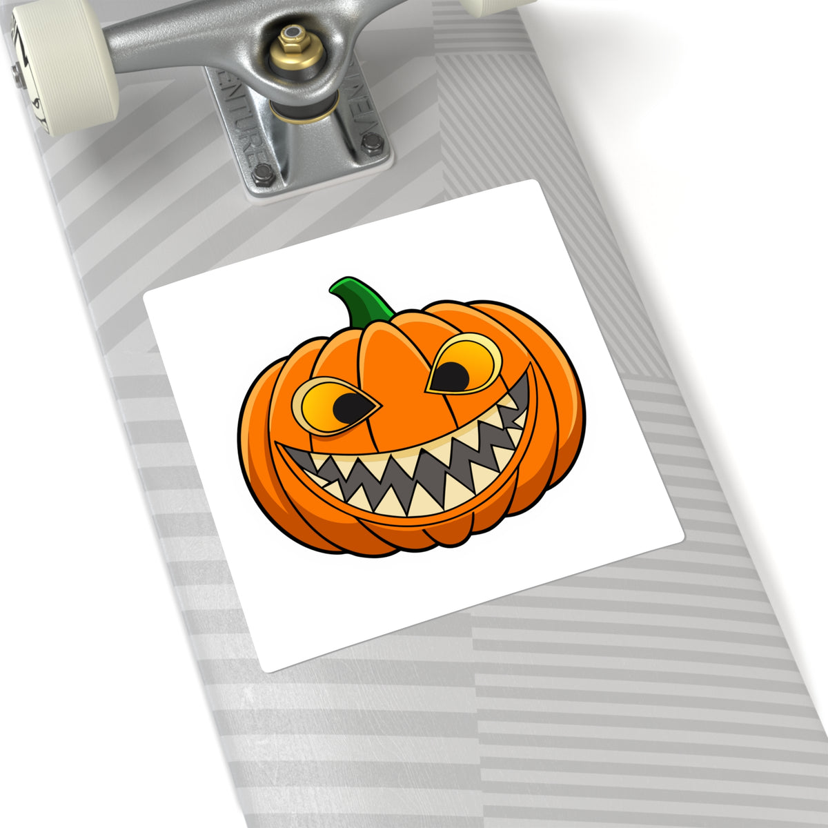 Spooky Grinning Pumpkin Square Sticker — Halloween Jack-O'-Lantern Decal