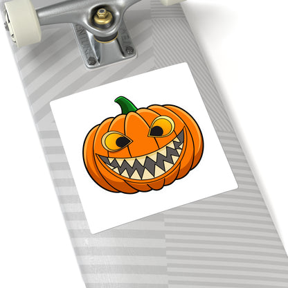 Spooky Grinning Pumpkin Square Sticker — Halloween Jack-O'-Lantern Decal
