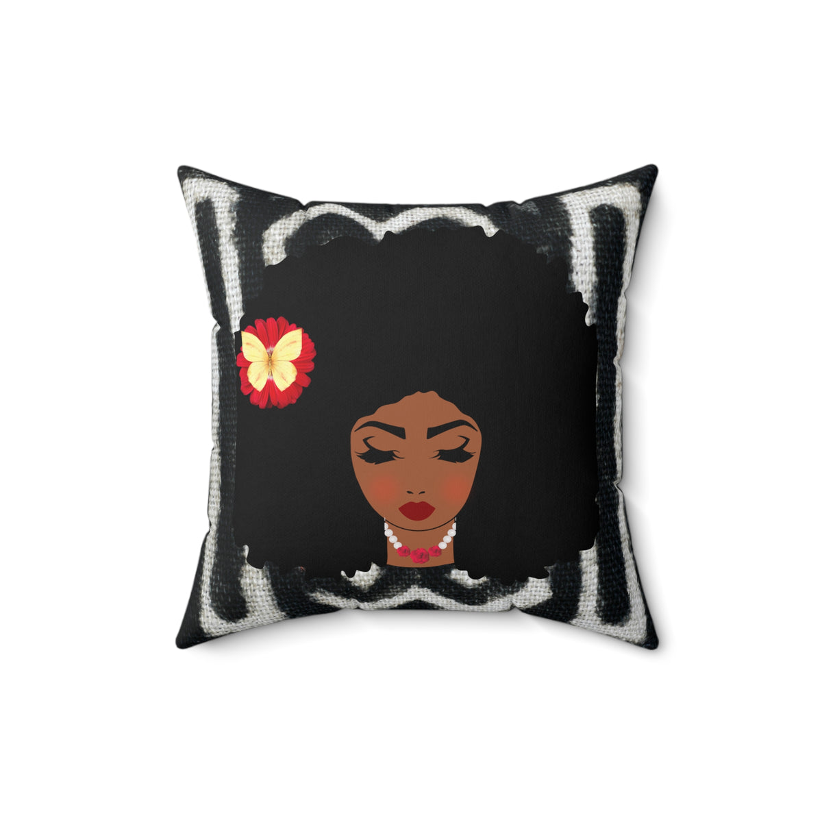 Afro Retro Floral Pillow — Black Woman Face Decorative Throw Pillow