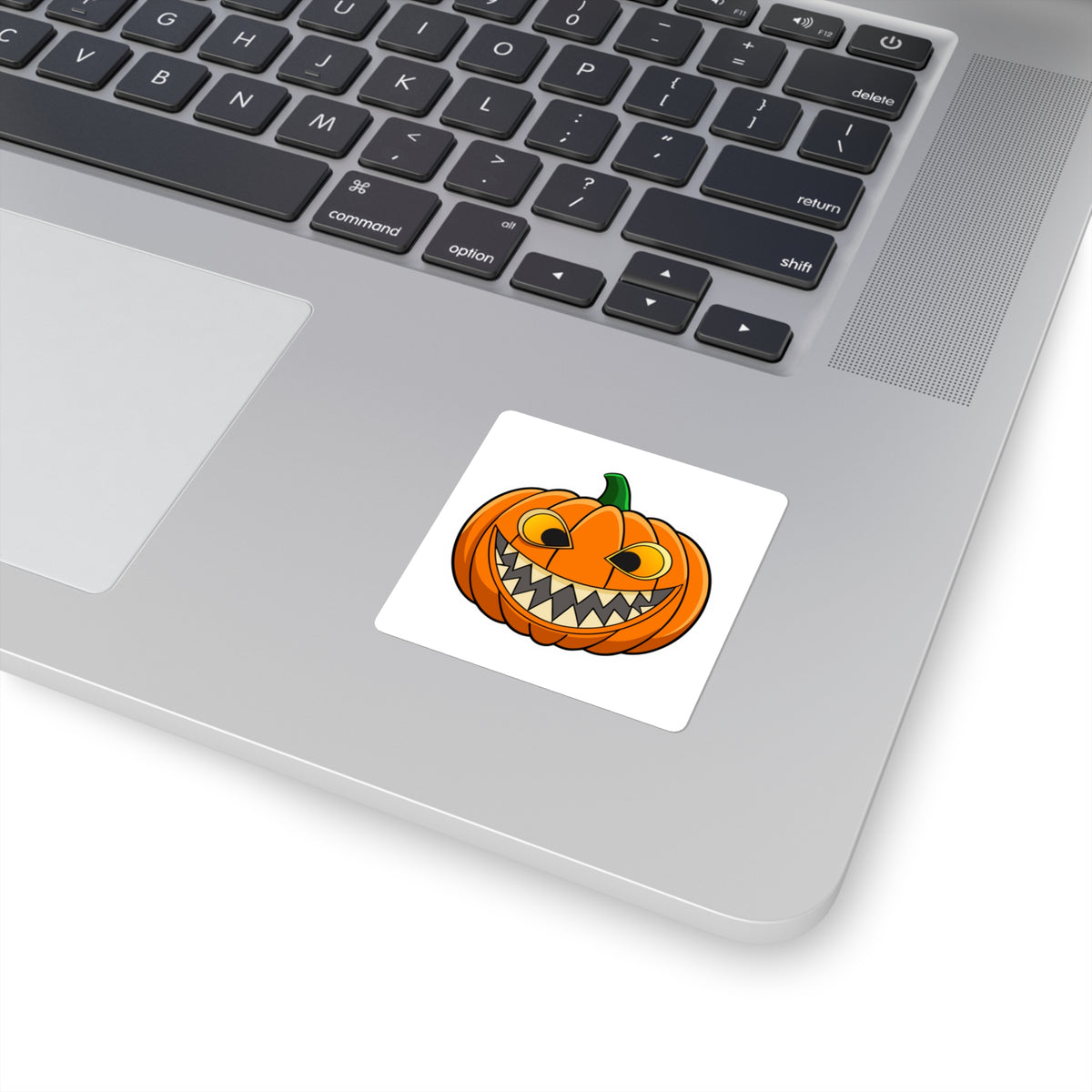 Spooky Grinning Pumpkin Square Sticker — Halloween Jack-O'-Lantern Decal