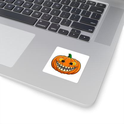 Spooky Grinning Pumpkin Square Sticker — Halloween Jack-O'-Lantern Decal