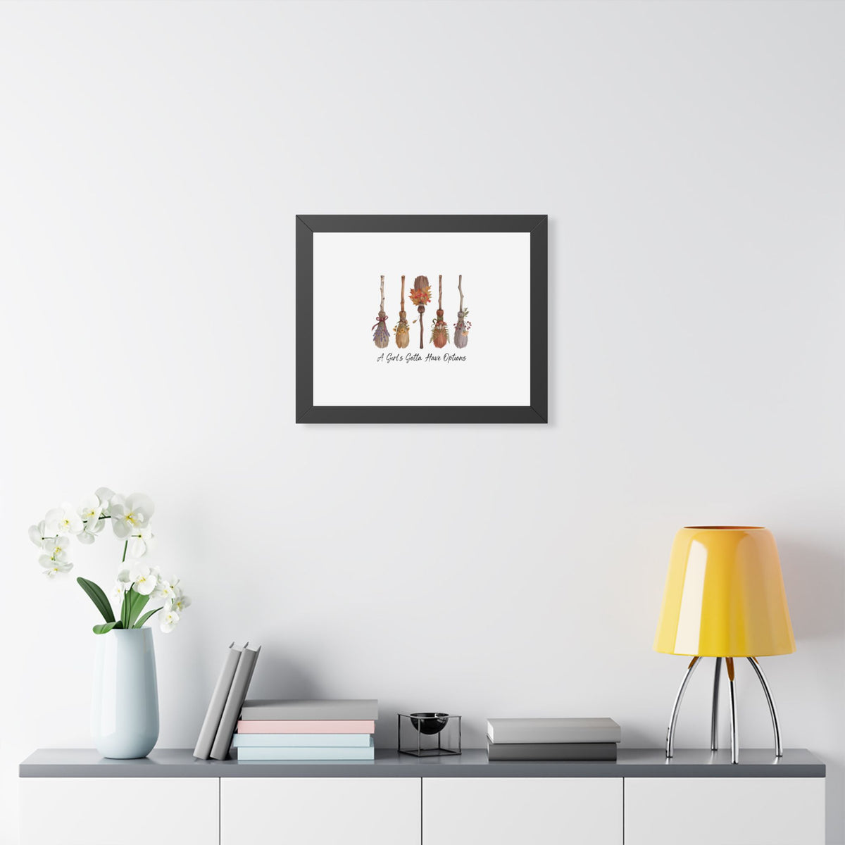 Framed Poster — "A Girl's Gotta Have Options" Floral Brooms Wall Art