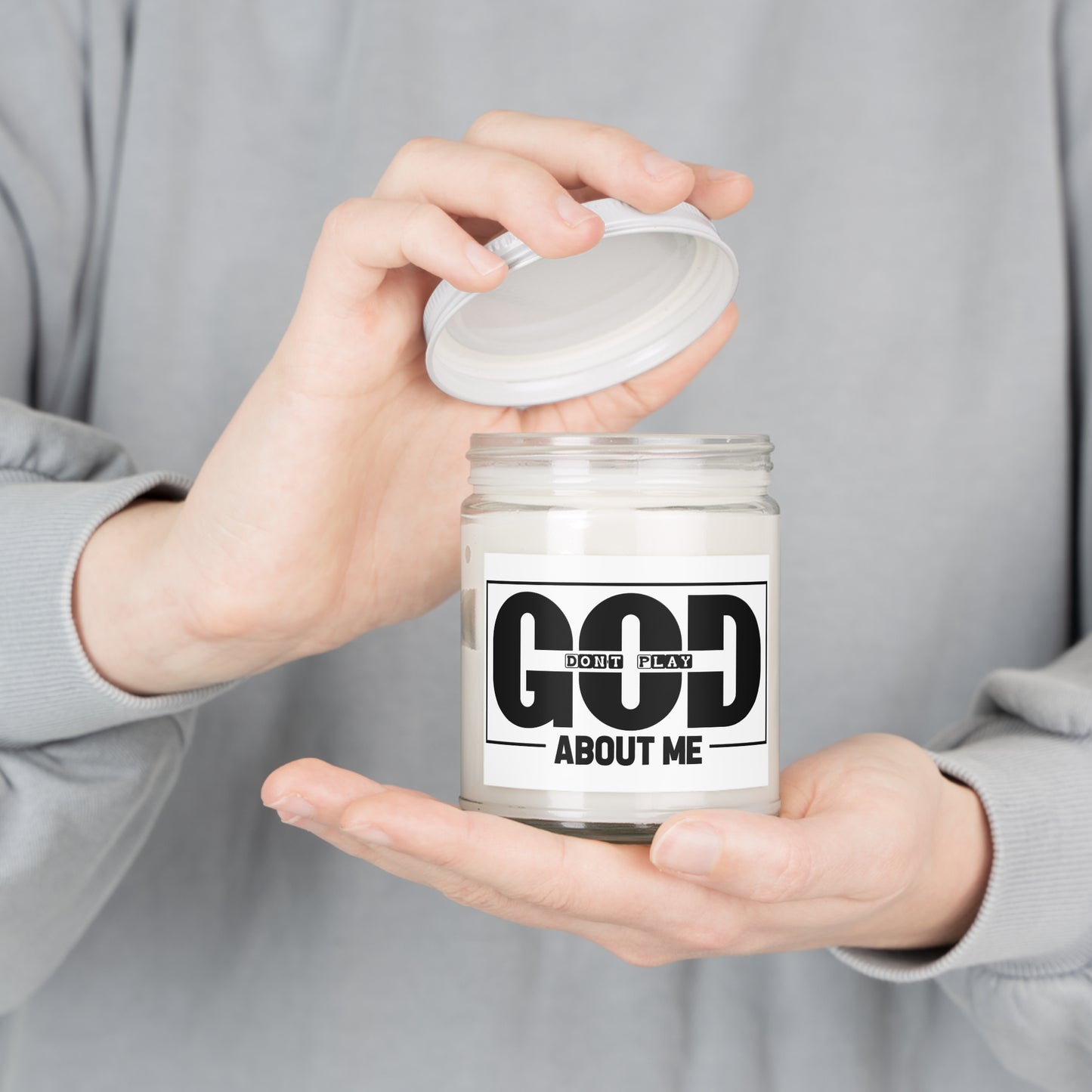 Candle — "God Don't Play About Me" Scented Soy Candle, 9oz (White Lid)