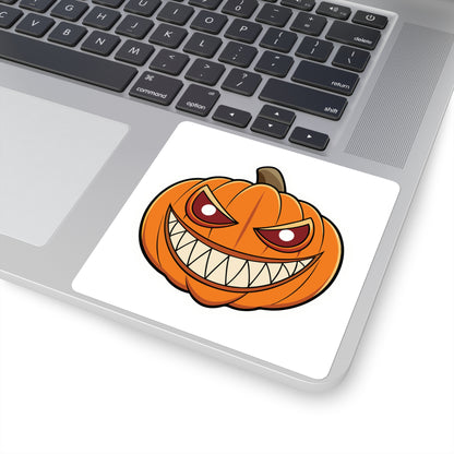 Evil Grin Pumpkin Square Sticker — Spooky Halloween Jack-O'-Lantern Decal