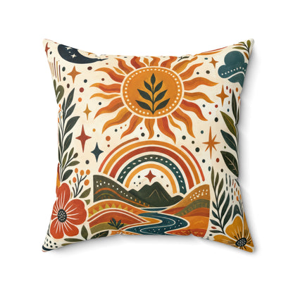 Boho Sun & Rainbow Decorative Pillow — Retro Floral Scenic Throw Pillow