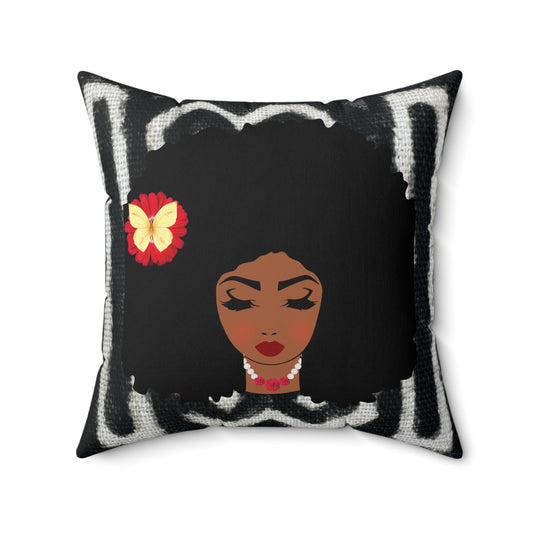 Afro Retro Floral Pillow — Black Woman Face Decorative Throw Pillow