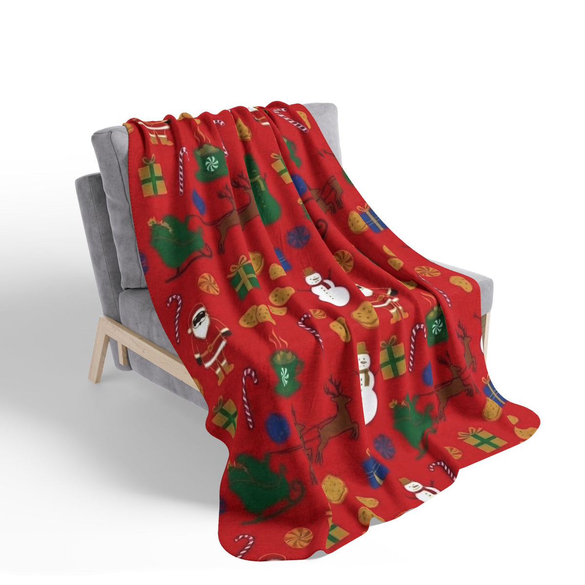Festive Christmas Sherpa Blanket with Santa, Snowmen & Reindeer