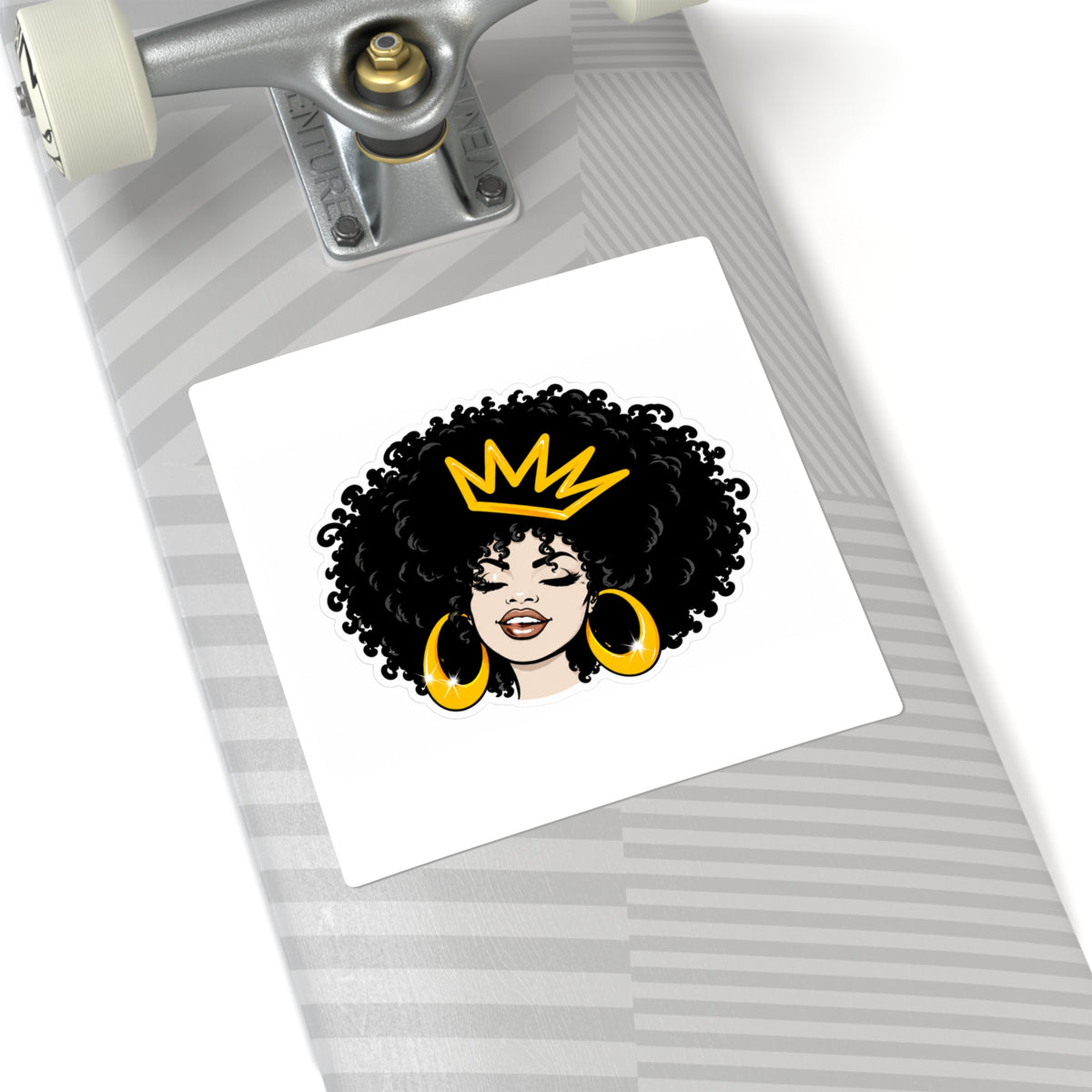 Afro Queen Square Sticker — Black Woman with Crown & Gold Hoops