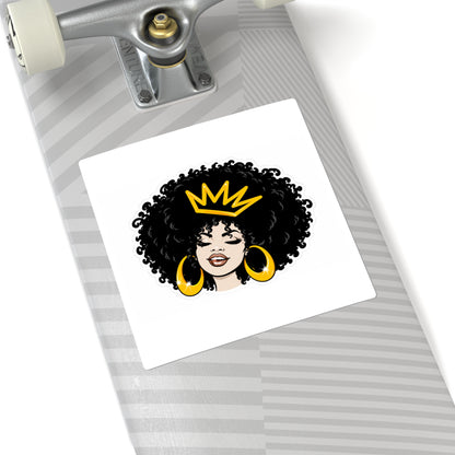 Afro Queen Square Sticker — Black Woman with Crown & Gold Hoops