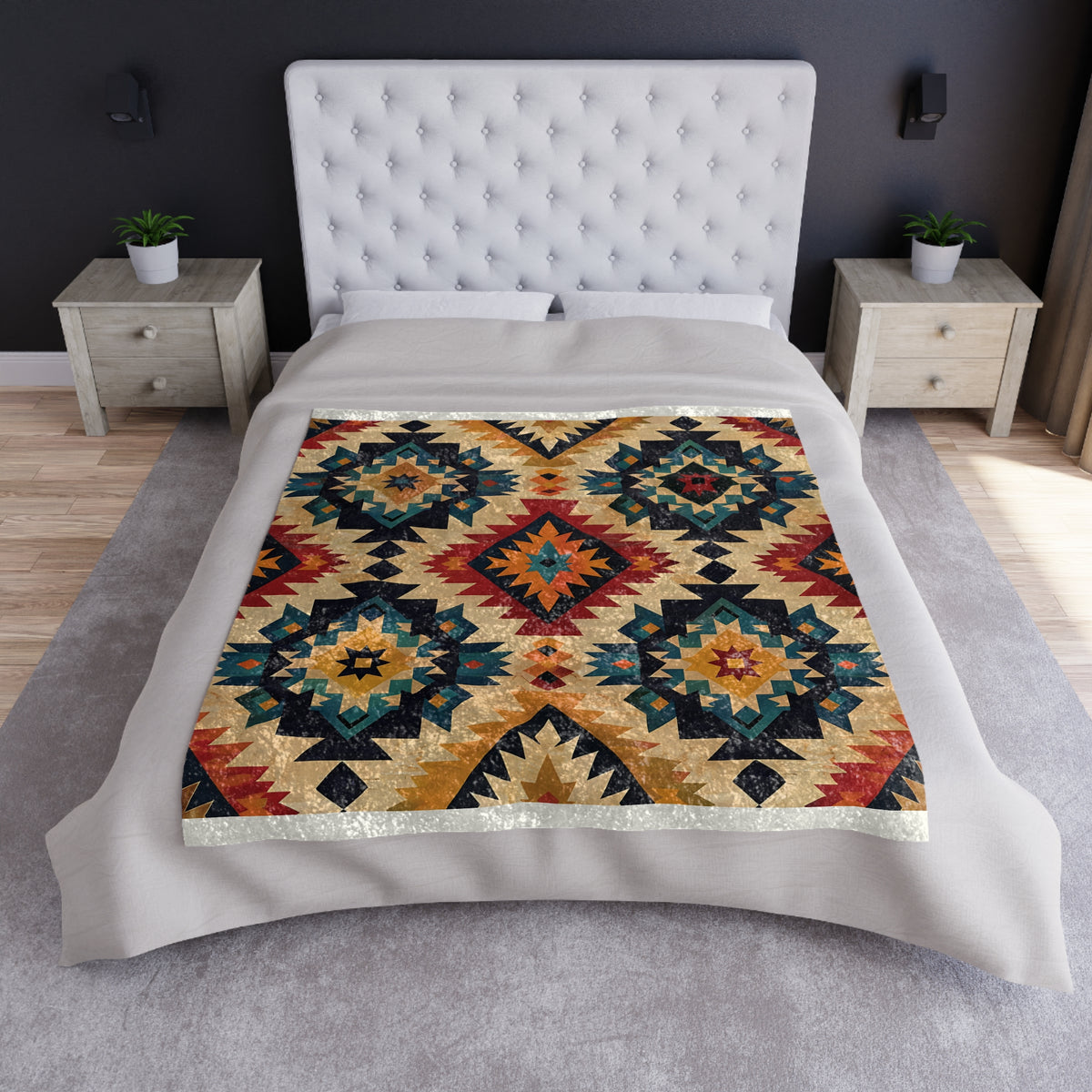 Southwestern Crushed Velvet Blanket — Boho Aztec Throw with Diamond Pattern