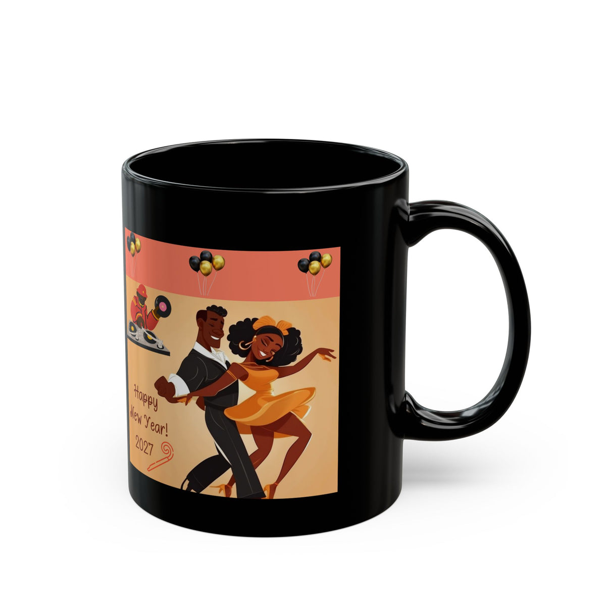 Happy New Year 2027 Black Mug – Festive Celebration Dance Design
