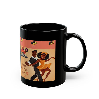 Happy New Year 2027 Black Mug – Festive Celebration Dance Design