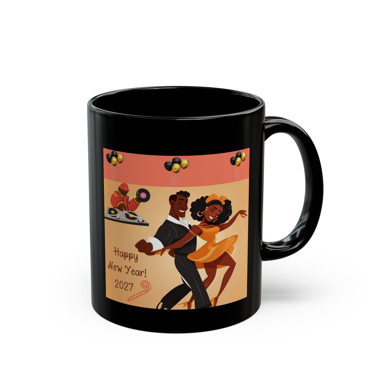 Happy New Year 2027 Black Mug – Festive Celebration Dance Design
