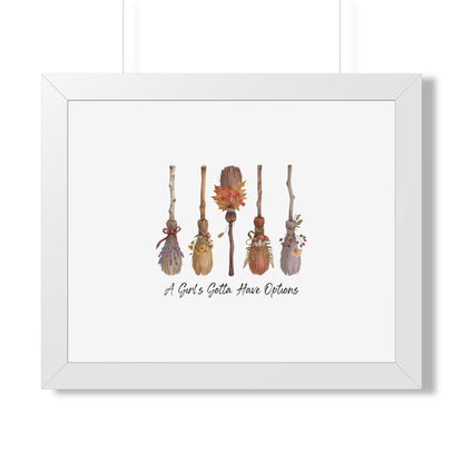 Framed Poster — "A Girl's Gotta Have Options" Floral Brooms Wall Art