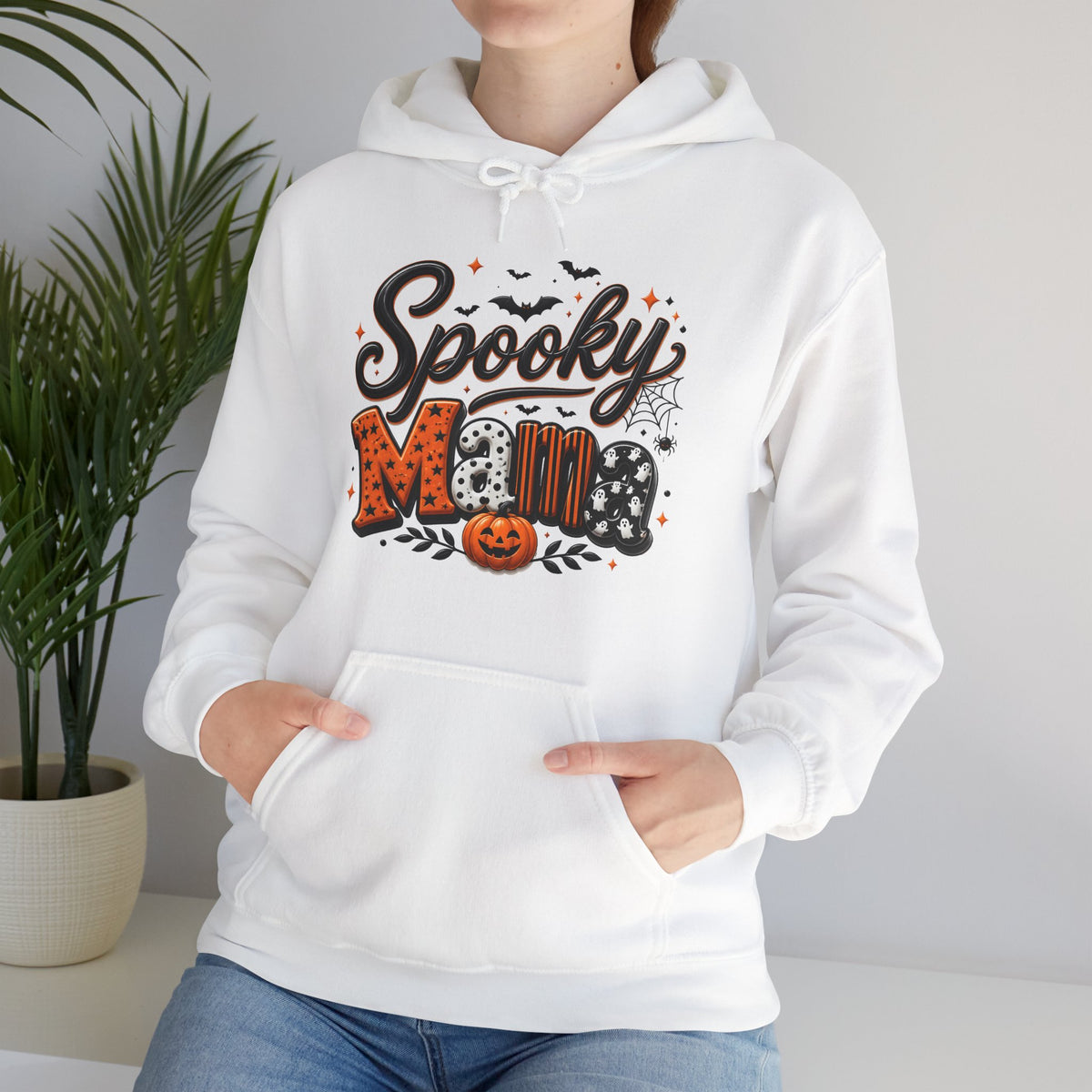Spooky Mama Hoodie — Halloween Pumpkin & Bat Graphic Sweatshirt