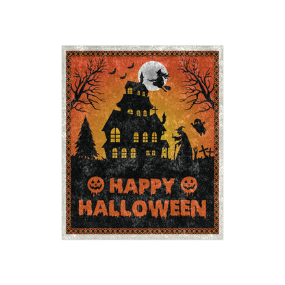 Halloween Haunted House Crushed Velvet Blanket – "Happy Halloween" Cozy Throw