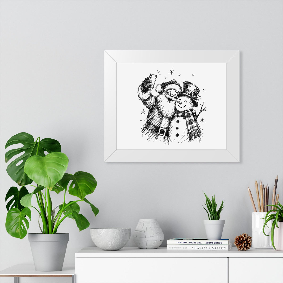 Framed Poster — Santa and Snowman Selfie Holiday Wall Art