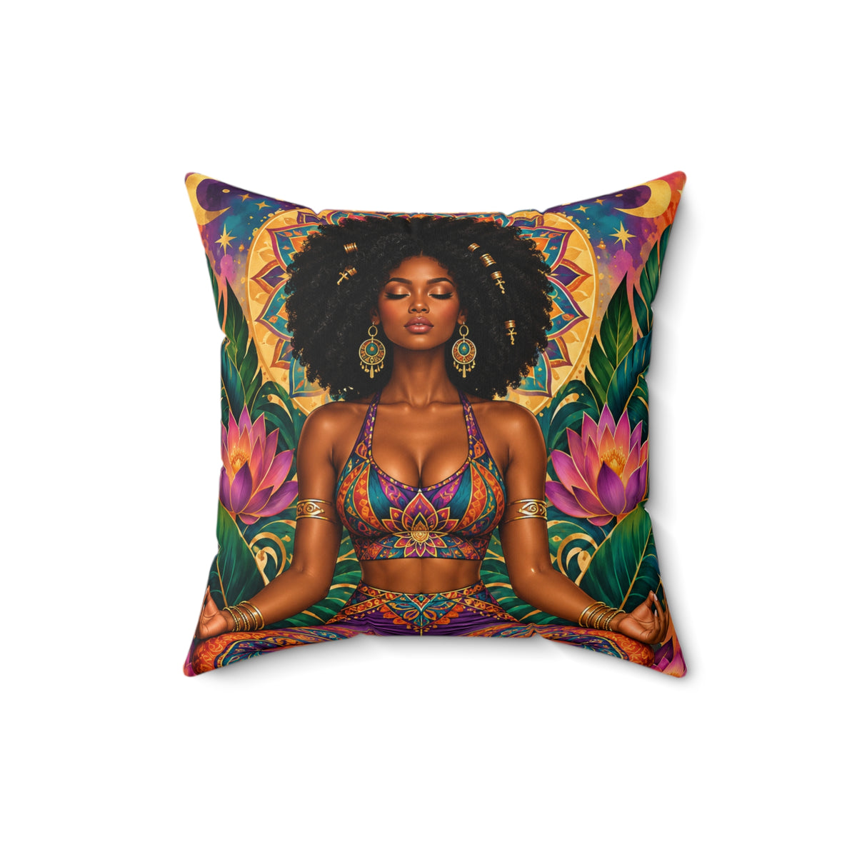 Meditative Afro Goddess Decorative Pillow — Boho Yoga Home Accent