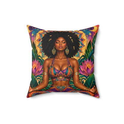 Meditative Afro Goddess Decorative Pillow — Boho Yoga Home Accent
