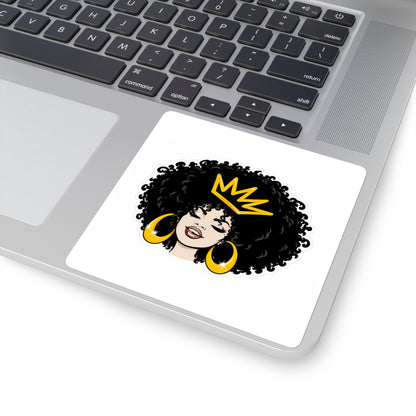 Afro Queen Square Sticker — Black Woman with Crown & Gold Hoops