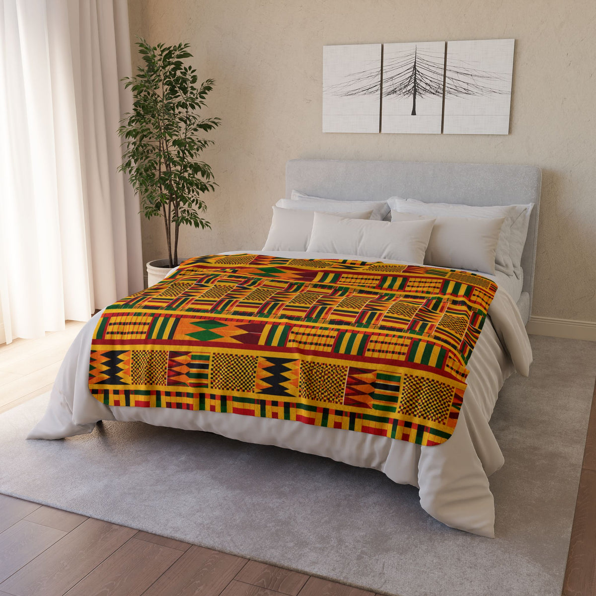 Fleece Sherpa Blanket with Vibrant African Kente-Inspired Geometric Pattern