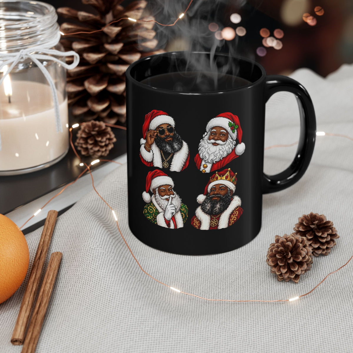 Black Mug with Diverse Santa Claus Christmas Design