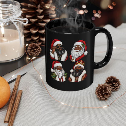 Black Mug with Diverse Santa Claus Christmas Design