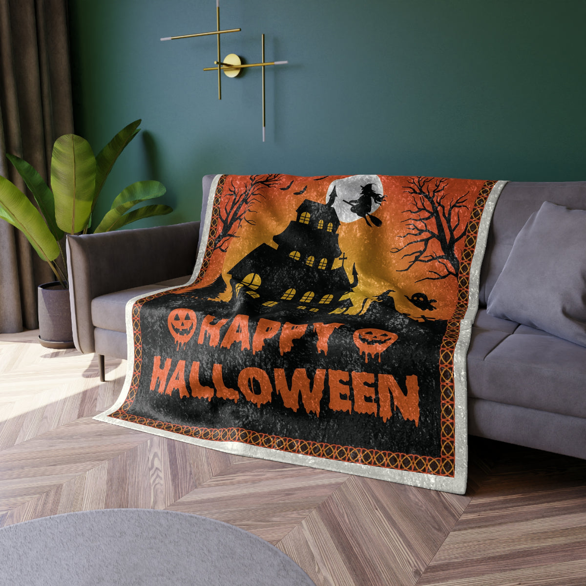 Halloween Haunted House Crushed Velvet Blanket – "Happy Halloween" Cozy Throw
