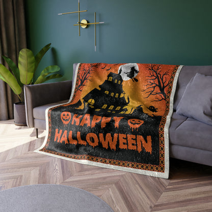 Halloween Haunted House Crushed Velvet Blanket – "Happy Halloween" Cozy Throw