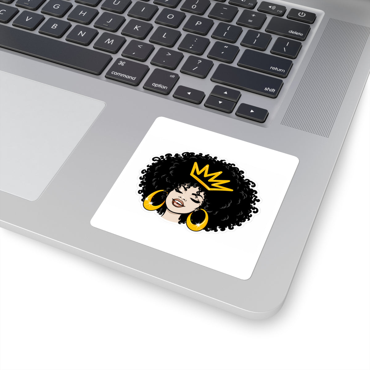 Afro Queen Square Sticker — Black Woman with Crown & Gold Hoops