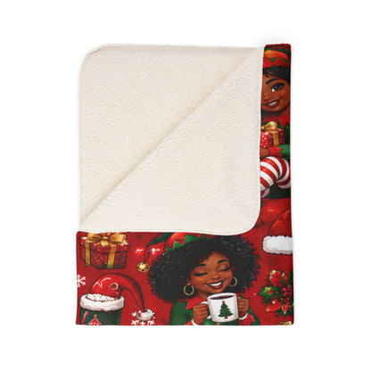 Fleece Sherpa Blanket – Black Santa Christmas Holiday Cozy Throw