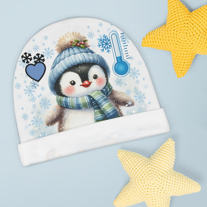 Beanie with Penguin in Winter Snow and Cold