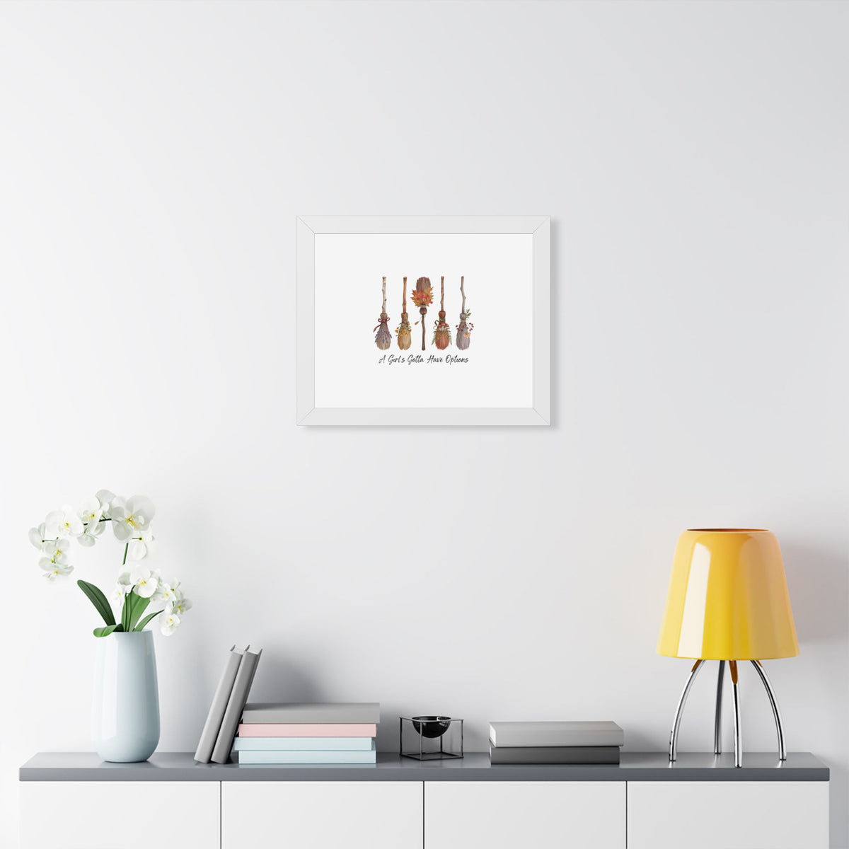 Framed Poster — "A Girl's Gotta Have Options" Floral Brooms Wall Art