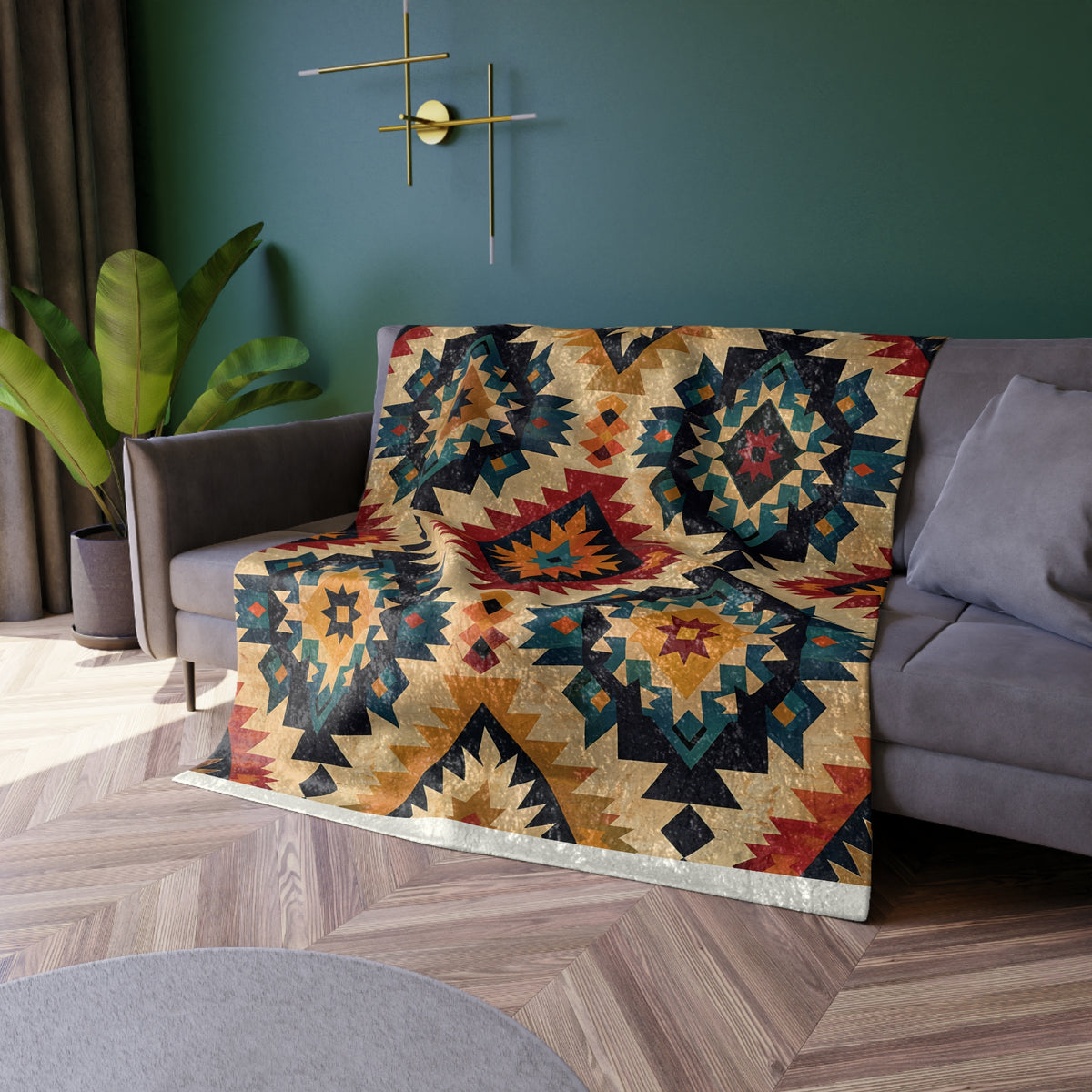 Southwestern Crushed Velvet Blanket — Boho Aztec Throw with Diamond Pattern