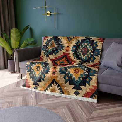 Southwestern Crushed Velvet Blanket — Boho Aztec Throw with Diamond Pattern