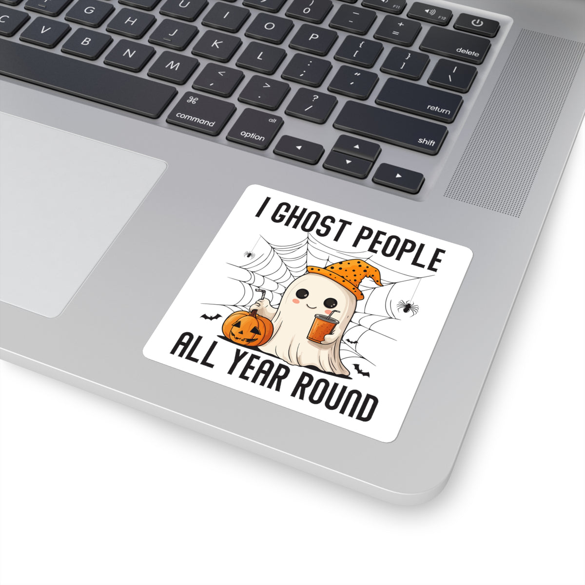 Ghost People All Year Round Square Sticker — Cute Halloween Ghost with Pumpkin & Drink