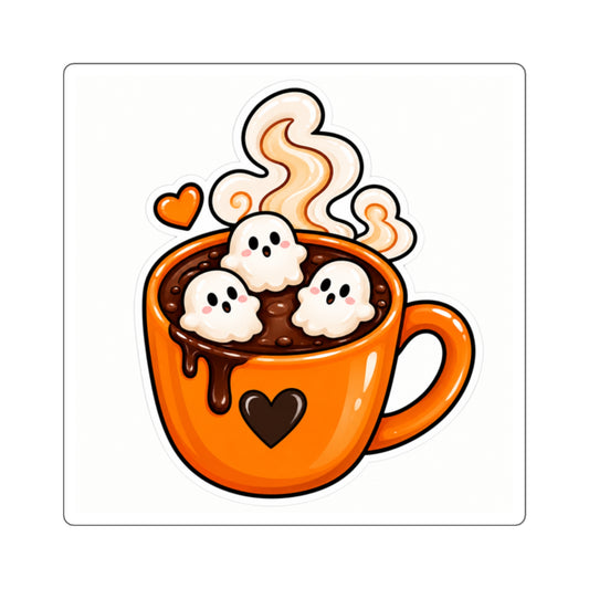 Cute Ghost Hot Cocoa Square Sticker — Halloween Coffee Mug Decal