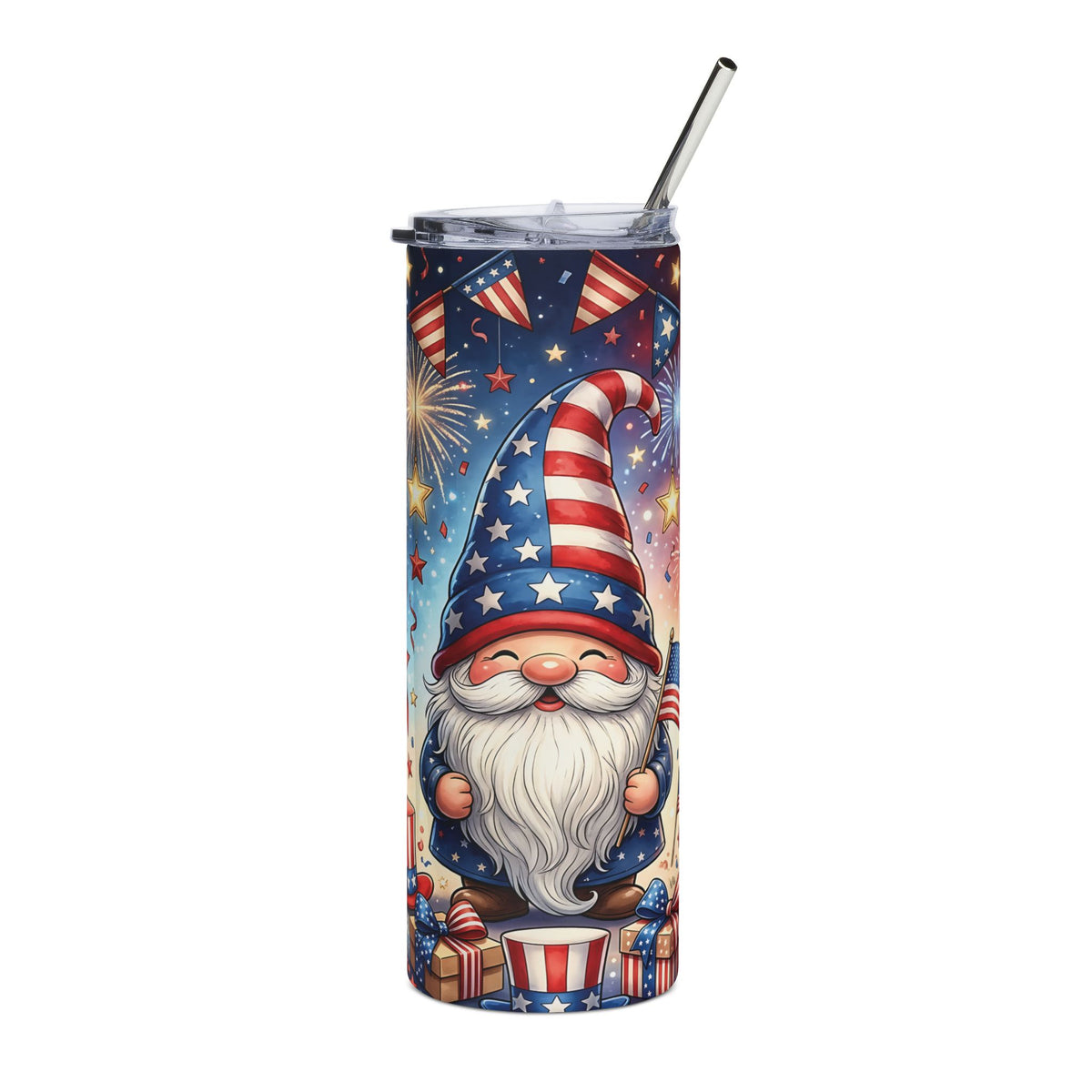 4th of July Gnome Skinny Tumbler with Straw — Patriotic 20oz Fireworks Drink Cup