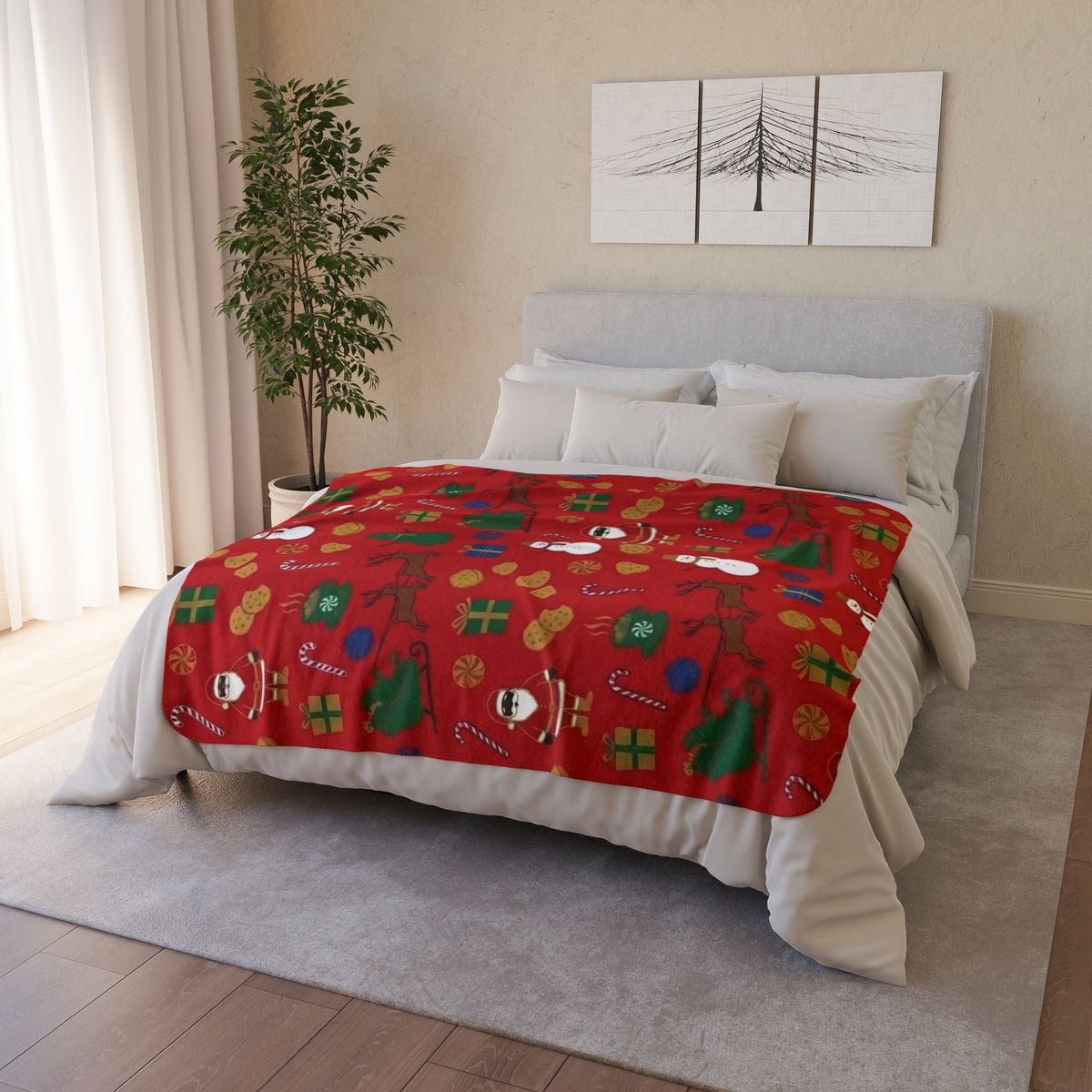 Festive Christmas Sherpa Blanket with Santa, Snowmen & Reindeer