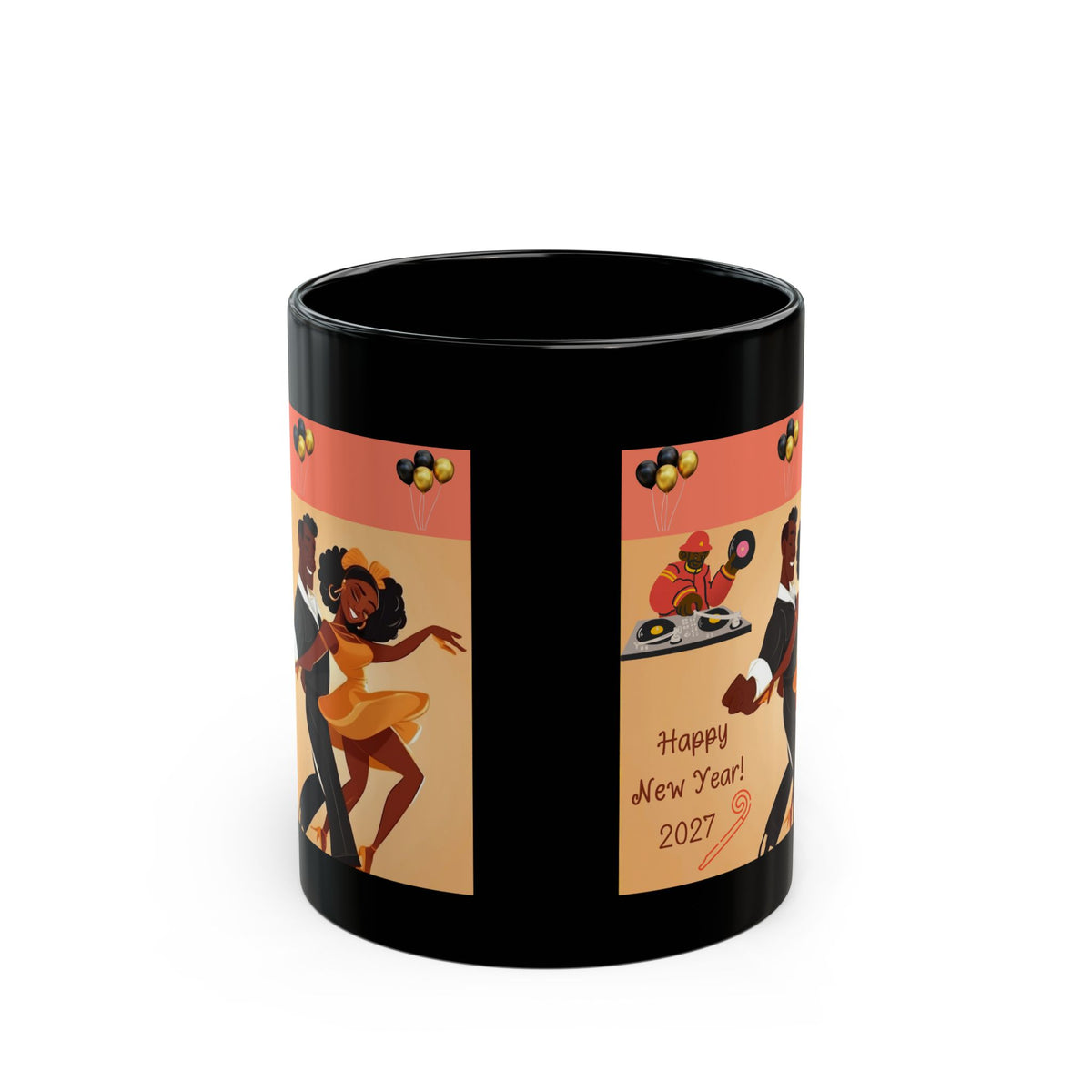 Happy New Year 2027 Black Mug – Festive Celebration Dance Design