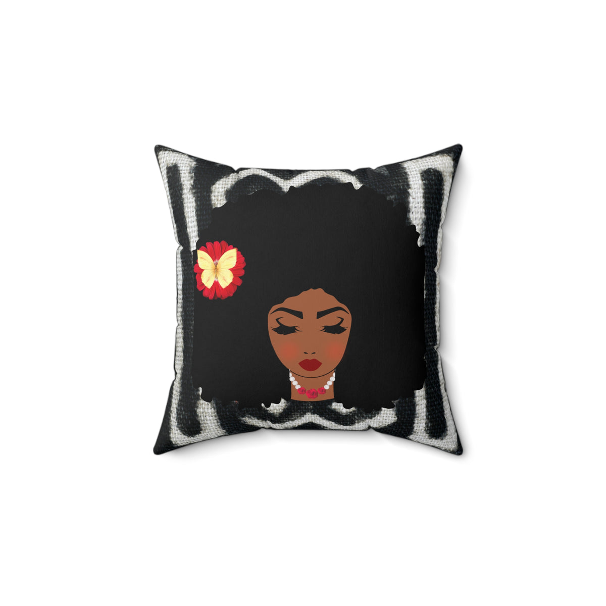 Afro Retro Floral Pillow — Black Woman Face Decorative Throw Pillow