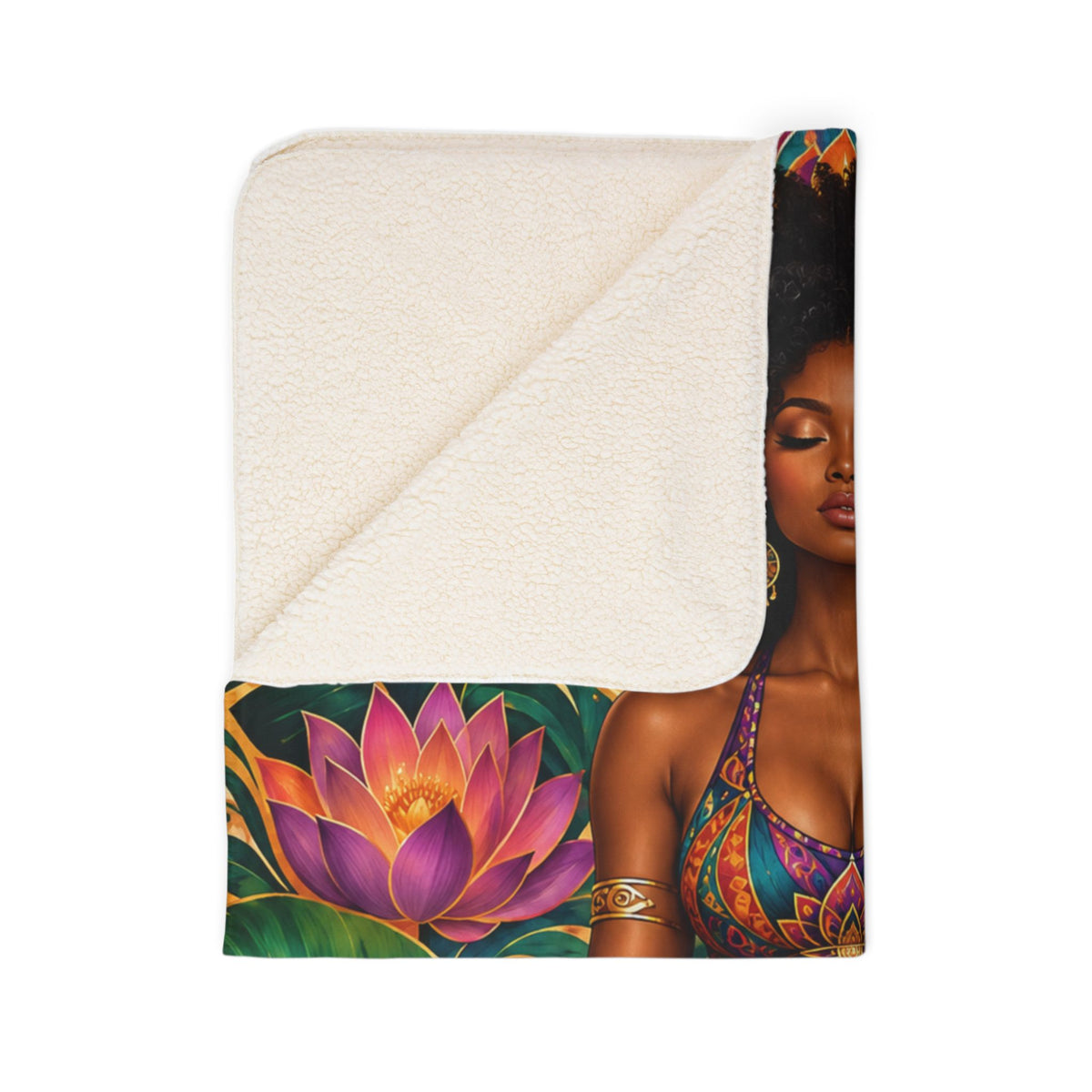 Meditation Goddess Sherpa Blanket — Afrocentric Lotus Yoga Fleece Throw