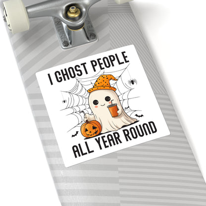 Ghost People All Year Round Square Sticker — Cute Halloween Ghost with Pumpkin & Drink