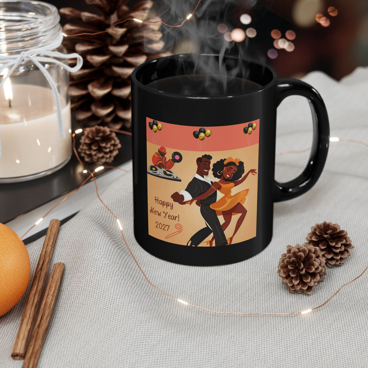 Happy New Year 2027 Black Mug – Festive Celebration Dance Design