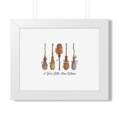 Framed Poster — "A Girl's Gotta Have Options" Floral Brooms Wall Art