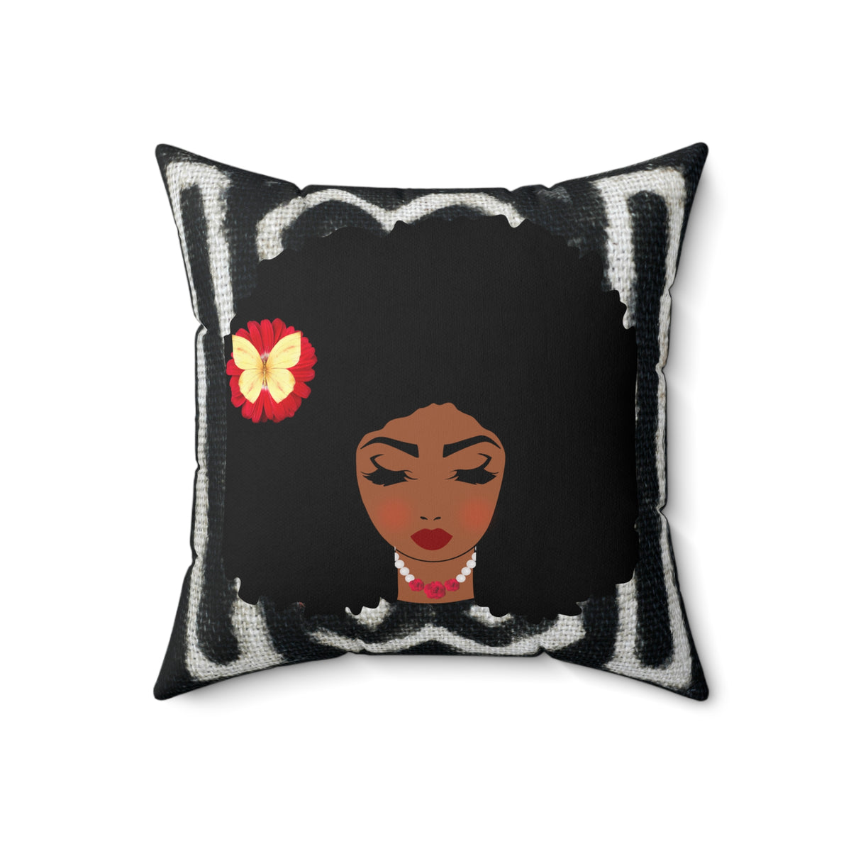Afro Retro Floral Pillow — Black Woman Face Decorative Throw Pillow