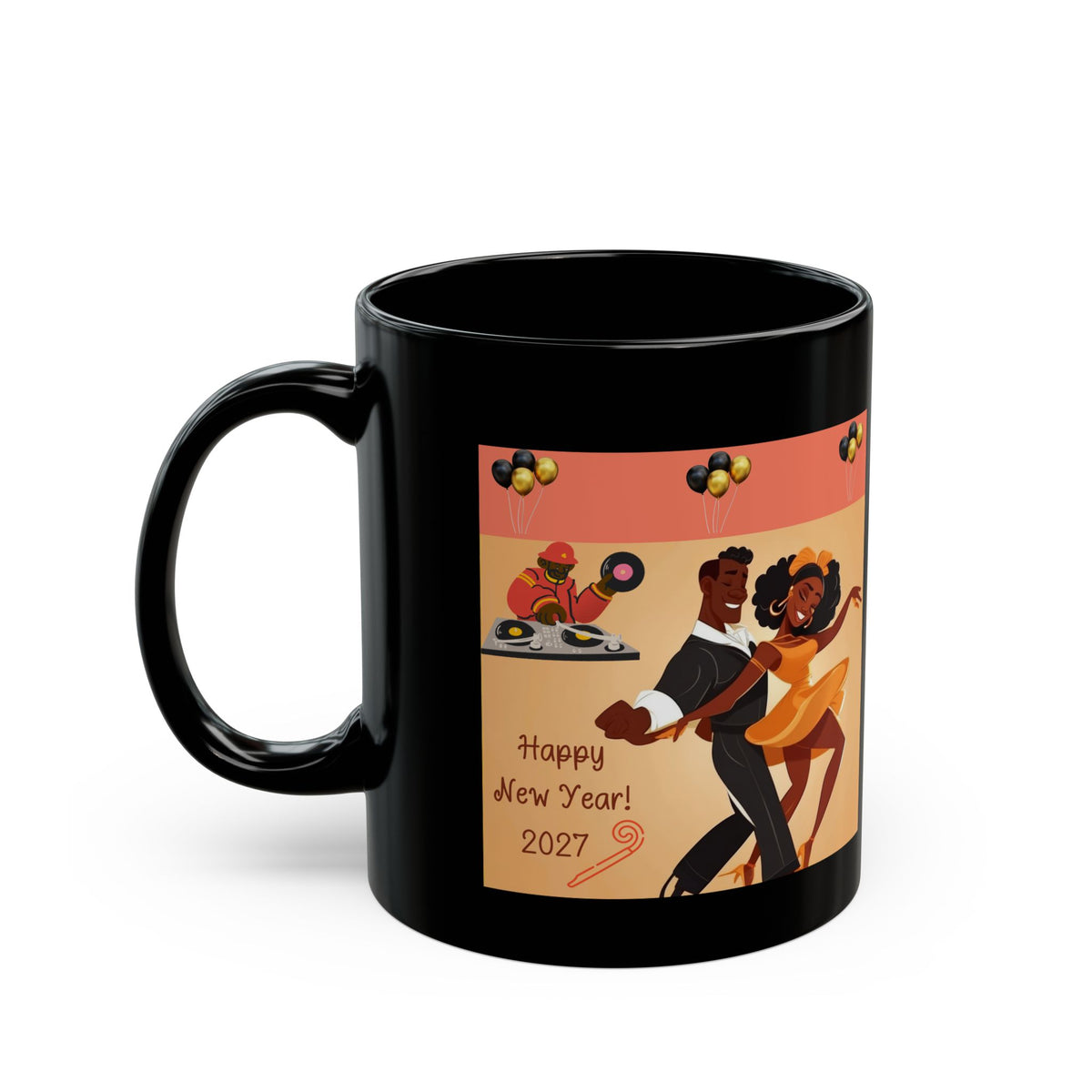 Happy New Year 2027 Black Mug – Festive Celebration Dance Design