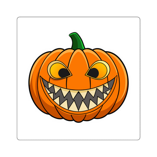 Spooky Grinning Pumpkin Square Sticker — Halloween Jack-O'-Lantern Decal